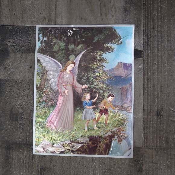 Vintage Foil Gaurdian Angel with Children Print Dufex England Christian 8 by 6 - Picture 1 of 6